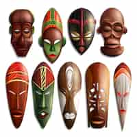 Vecteur gratuit ensemble de masques sculptés africains réalistes en bois avec ornement coloré.