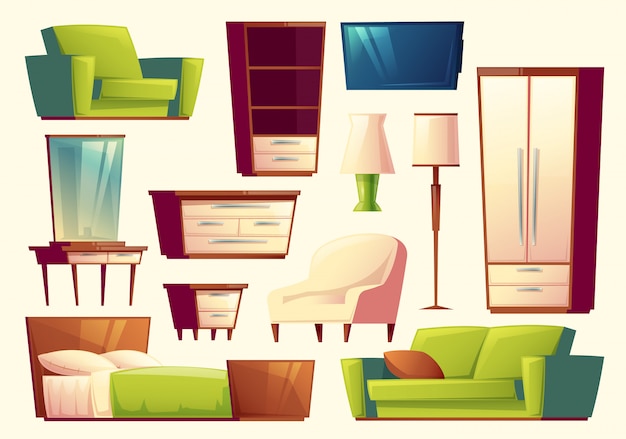 Vecteur gratuit ensemble de meubles - canapé, lit, armoire, fauteuil, torchère, téléviseur, armoire