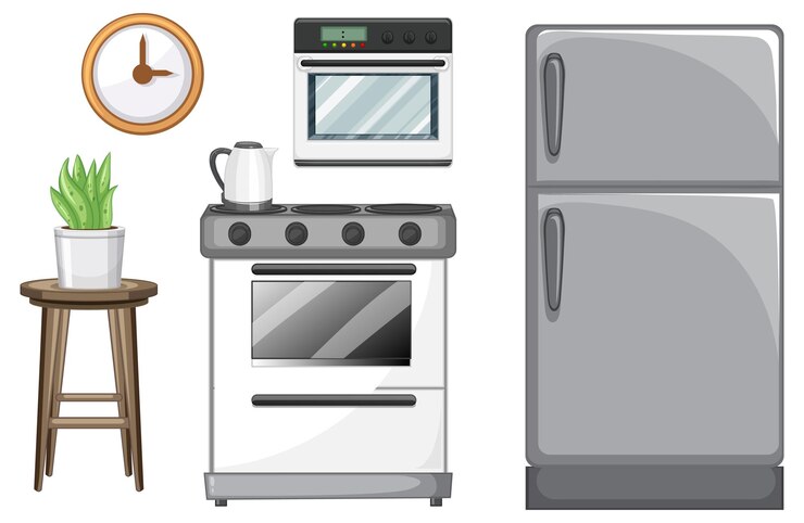 Vecteur gratuit ensemble de meubles de cuisine pour la décoration intérieure sur fond blanc