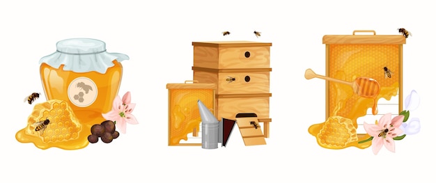 Vecteur gratuit ensemble de miel de trois compositions isolées avec des ruches et du matériel apicole en nid d'abeille avec des abeilles et des fleurs illustration vectorielle