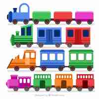 Vecteur gratuit ensemble mignon de trains à jouets avec des couleurs fantastiques