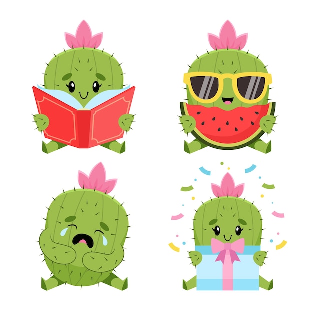 Ensemble De Mignons Cactus Dessinés à La Main Lisant Un Livre Mangeant De La Pastèque Pleurant Tenant Une Boîte-cadeau