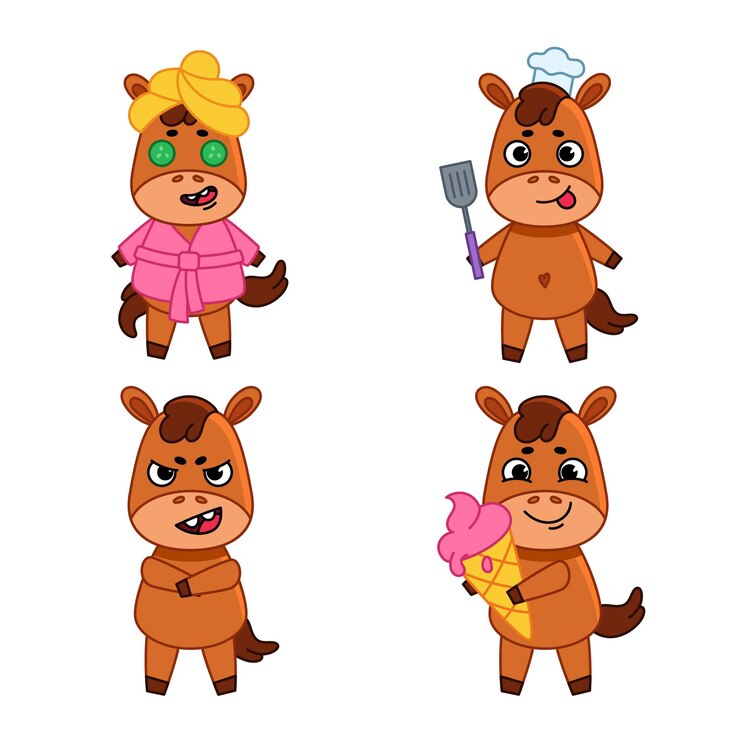 Vecteur gratuit ensemble de mignons petits taureaux dessinés à la main portant un peignoir et une serviette tenant une spatule ricanant tenant de la crème glacée