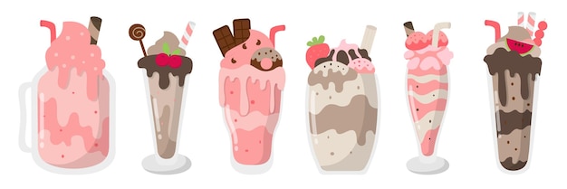 Ensemble de milkshake et diverses boissons smoothies avec garniture en verre ou en pot en illustration vectorielle de style dessin