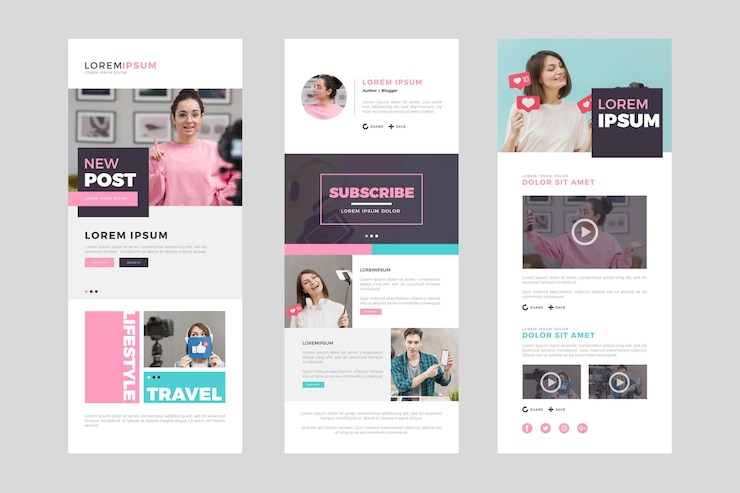 Vecteur gratuit ensemble de modèle de courrier électronique blogger avec photos