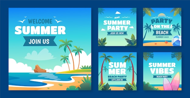 Vecteur gratuit ensemble de modèles de publication instagram d'été