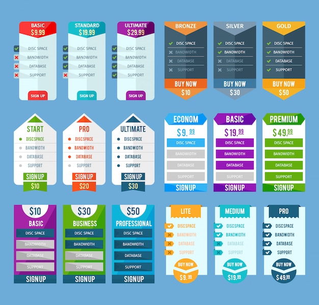 Vecteur gratuit ensemble de modèles de table de tarification