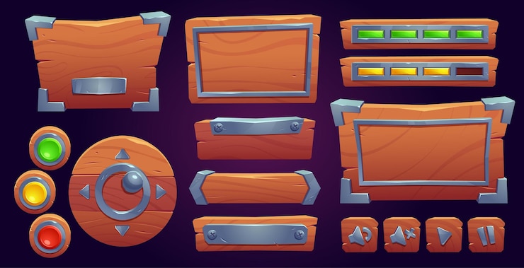 Vecteur gratuit ensemble de modèles de tableau d'interface utilisateur de jeu en bois