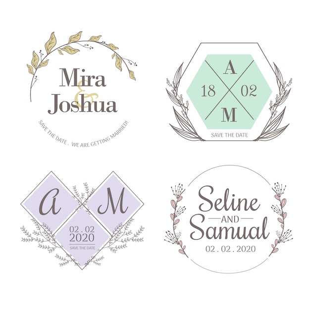 Vecteur gratuit ensemble de monogrammes de mariage minimalistes aux couleurs pastel