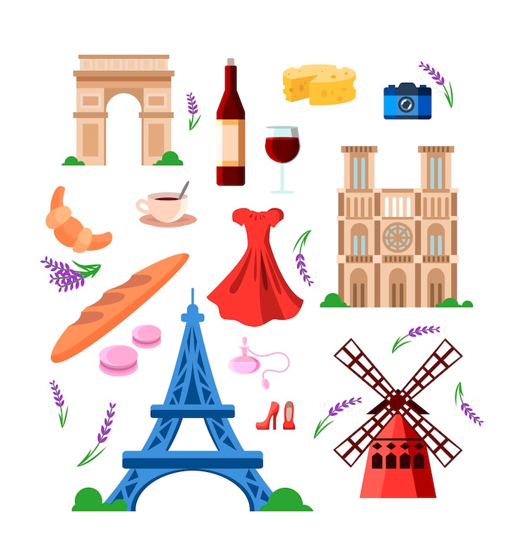 Vecteur gratuit ensemble de monuments colorés de la france et de symboles de voyage