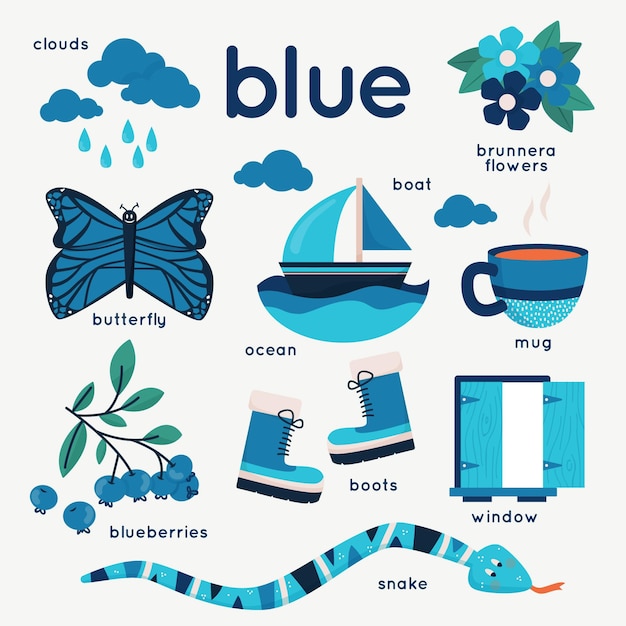 Vecteur gratuit ensemble de mots bleu et vocabulaire