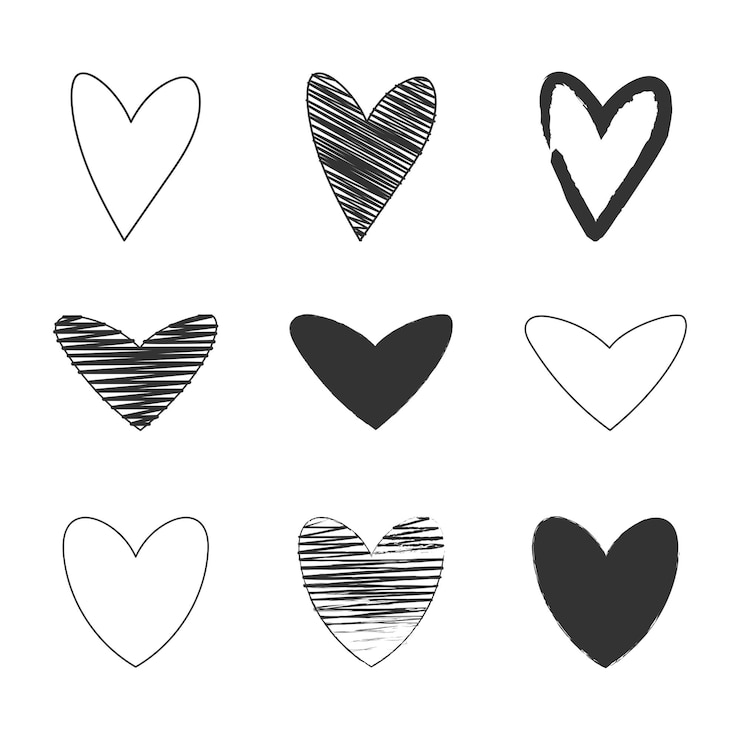 Vecteur gratuit ensemble, de, multiple, style, noir, griffonnage, coeurs