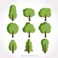 Vecteur gratuit ensemble de neuf arbres plats dans les tons verts