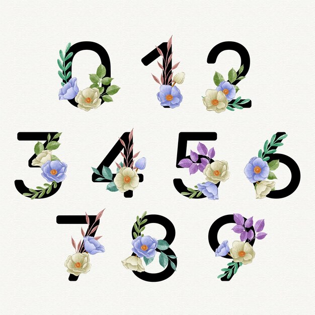 Ensemble de nombres floraux aquarelle