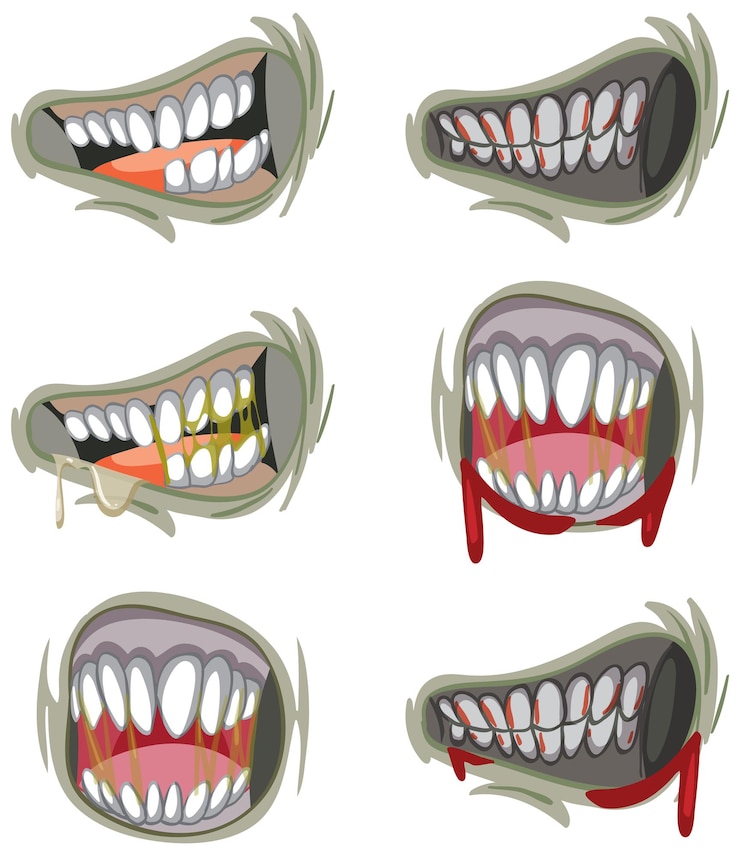Vecteur gratuit ensemble de nombreuses bouches effrayantes de zombies avec des dents