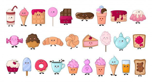 Ensemble De Nourriture Kawaii Bonbons Ou Desserts Beignet Gateau Bonbons Vecteur Premium