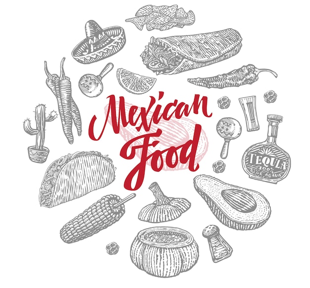 Vecteur gratuit ensemble d'objets de cuisine mexicaine esquisse