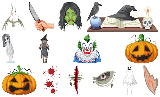 Vecteur gratuit ensemble d'objets d'halloween d'horreur et de personnages de dessins animés