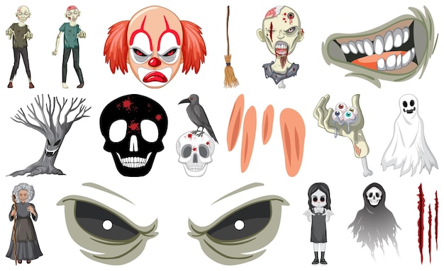 Vecteur gratuit ensemble d'objets d'halloween d'horreur et de personnages de dessins animés