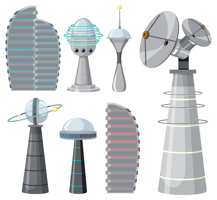 Vecteur gratuit ensemble d'objets de vaisseau spatial et de satellite
