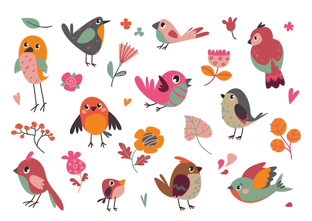 Ensemble d'oiseaux dans un style scandinave minimaliste mignon personnages à plumes multicolores