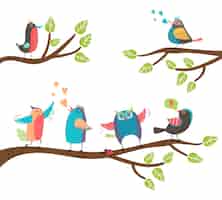 Vecteur gratuit ensemble d'oiseaux de dessin animé coloré mignon perché sur des branches avec un merle inséparable hibou grive robin chantant et tweetant avec deux impliqués dans une parade nuptiale