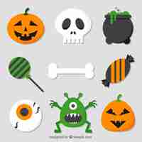 Vecteur gratuit ensemble osseux avec d'autres éléments de halloween dans un design plat