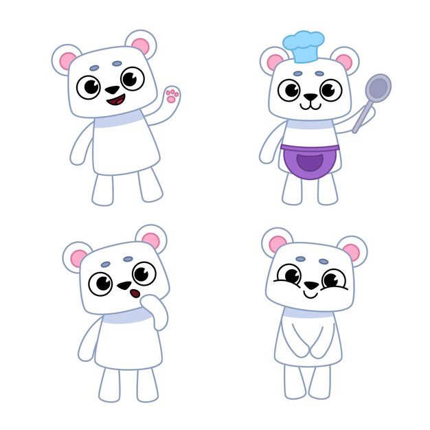 Ensemble D'ours Blancs Mignons Dessinés à La Main Agitant, Tenant Une Cuillère, Devenant Curieux, Souriant