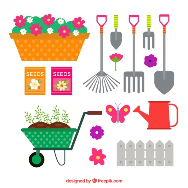 Vecteur gratuit ensemble d'outils de jardinage de couleur à plat