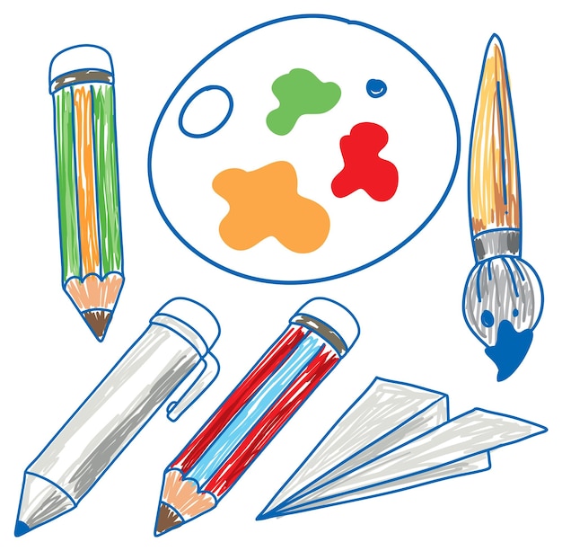 Papeterie, Matériel D'art, Des Stylos De Dessin De Ligne Et Des Crayons,  Des Tubes De Peinture, Pinceaux, Dessinés À La Main Illustration  Vectorielle Clip Art Libres De Droits, Svg, Vecteurs Et Illustration.