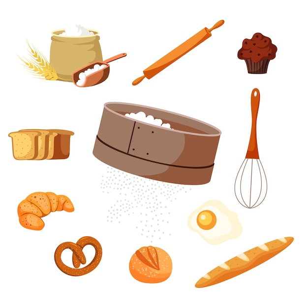 Vecteur gratuit ensemble d'outils pour la nourriture et la cuisson ensemble d'équipements et d'ingrédients de pâtisserie farine de blé rouleau à pâtisserie fouet et tamis pain croissant bretzel baguette et muffin