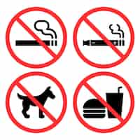 Vecteur gratuit ensemble de panneaux interdits fumer vape dogs et nourriture et boisson
