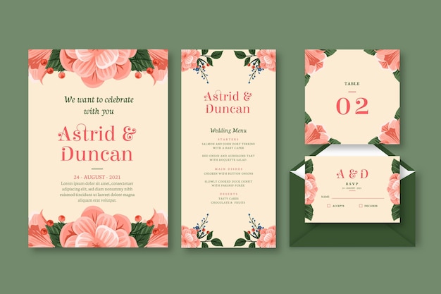 Vecteur gratuit ensemble de papeterie de mariage floral