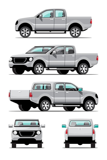 Ensemble de paquet de camionnette de couleur grise, côté, avant, vue arrière. Sur fond blanc