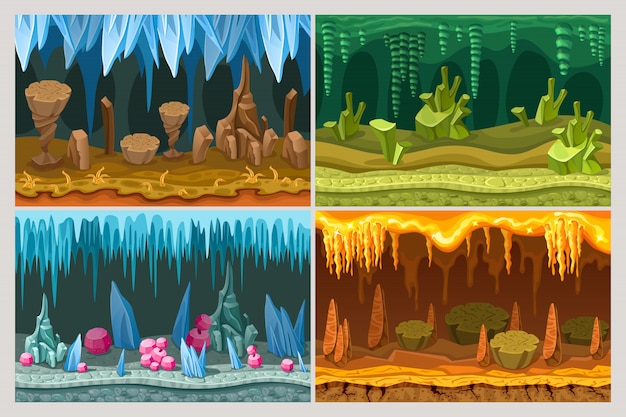 Vecteur gratuit ensemble de paysages de grotte de jeu de dessin animé