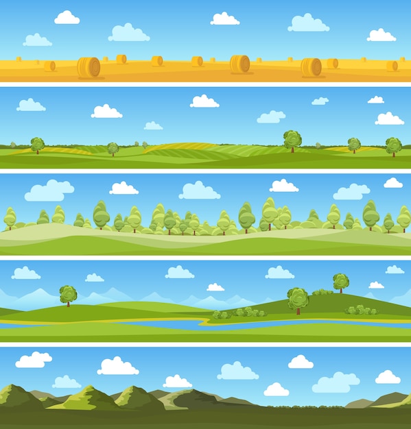 Vecteur gratuit ensemble de paysages de pays. arbre de ciel extérieur, pré d'été, nuage et colline. illustration vectorielle