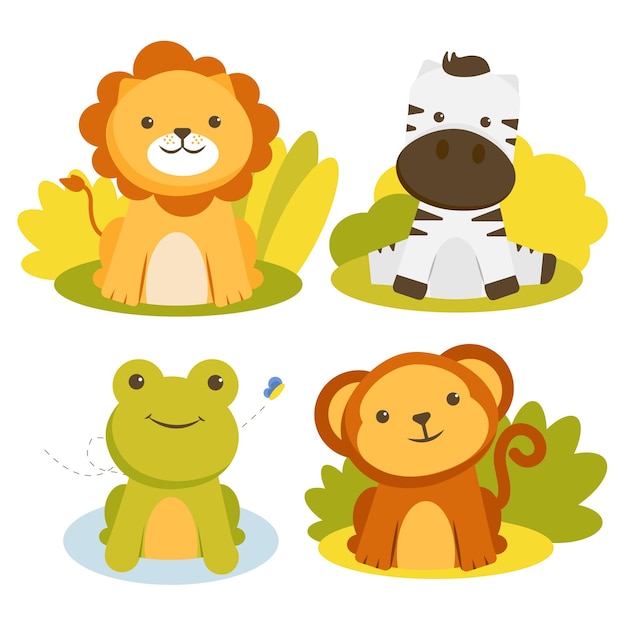 Vecteur gratuit ensemble de personnage animal avec des lions, des zèbres, des grenouilles et des singes