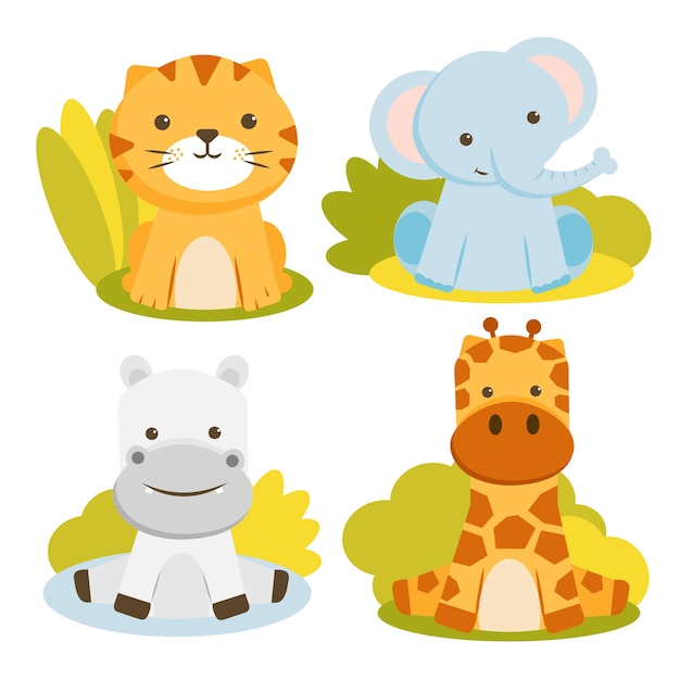 Vecteur gratuit ensemble de personnage animal avec des tigres, des éléphants, des girafes et des hippopotames