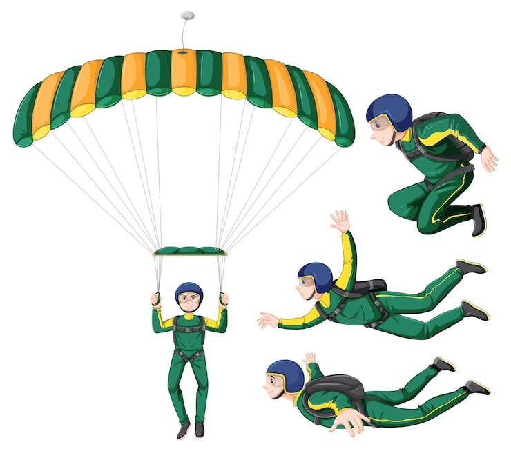 Vecteur gratuit ensemble de personnage de carteeon de parachutisme