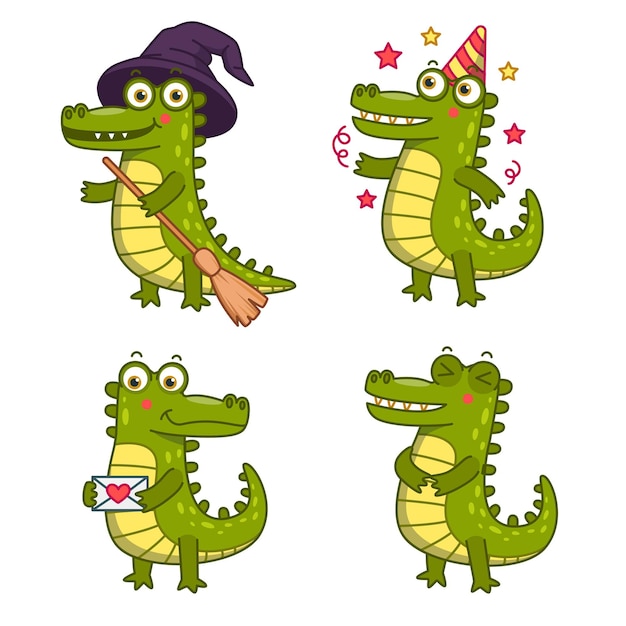 Ensemble De Personnage De Crocodile De Dessin Animé Célébrant, Recevant Une Lettre D'amour, Tenant Un Balai Et Un Chapeau De Sorcière