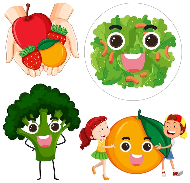 Vecteur gratuit ensemble de personnage de dessin animé de fruits et légumes avec visage souriant