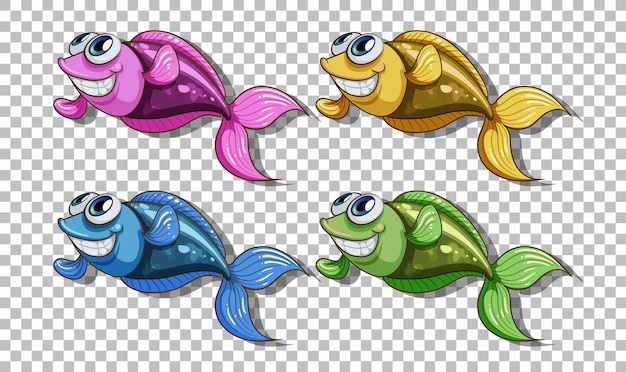 Ensemble De Personnage De Dessin Animé De Nombreux Poissons Isolé Sur Fond Transparent