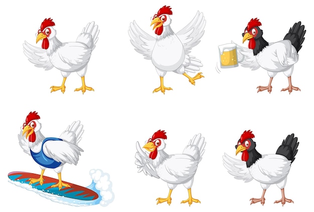 Vecteur gratuit ensemble de personnage de dessin animé de poulets différents