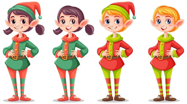 Vecteur gratuit ensemble de personnage de dessin animé en tenue de lutin de noël