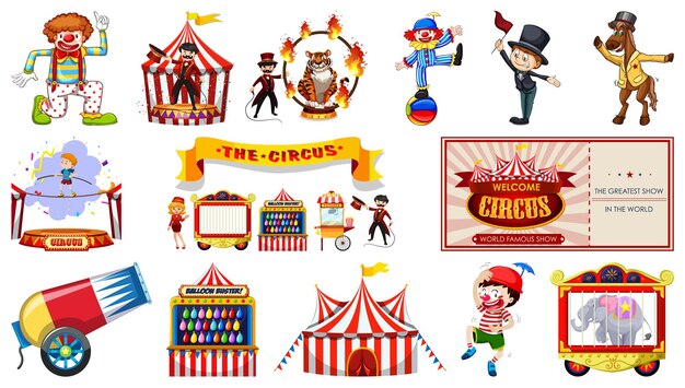 Ensemble de personnages de cirque et d'éléments de parc d'attractions