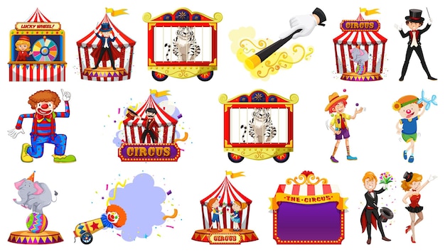 Ensemble De Personnages De Cirque Et D'éléments De Parc D'attractions