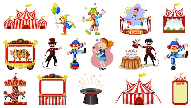 Vecteur gratuit ensemble de personnages de cirque et d'éléments de parc d'attractions