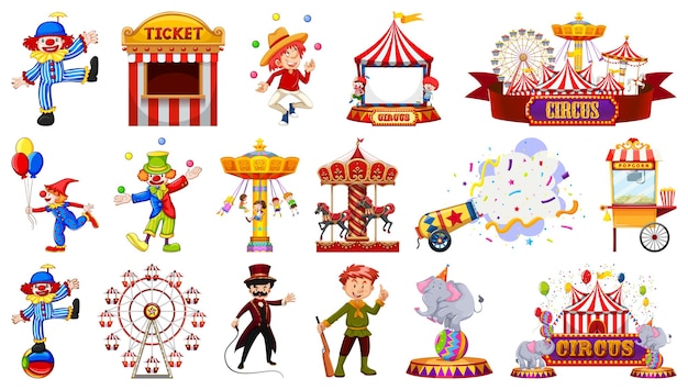 Vecteur gratuit ensemble de personnages de cirque et d'éléments de parc d'attractions