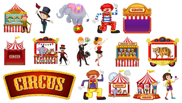 Vecteur gratuit ensemble de personnages de cirque et d'éléments de parc d'attractions