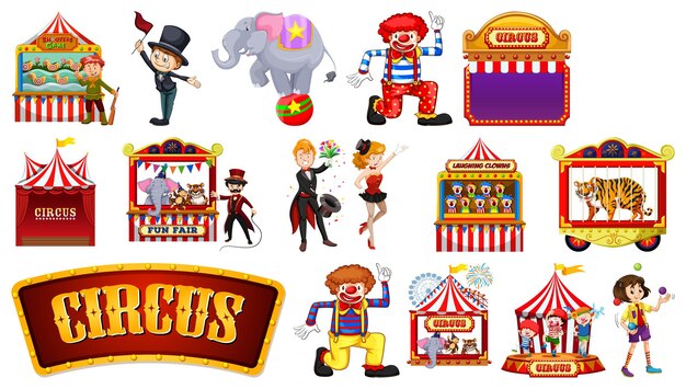 Ensemble de personnages de cirque et d'éléments de parc d'attractions